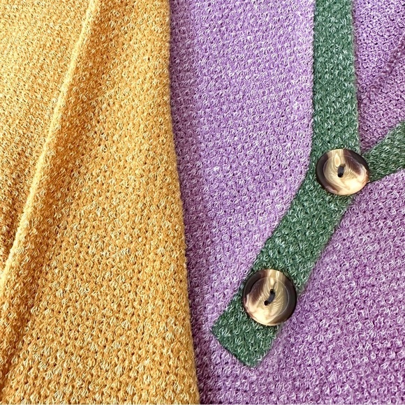 Lavender Green Mustard Color Block V-Neck Top Decorative Buttons - Picture 3 of 5